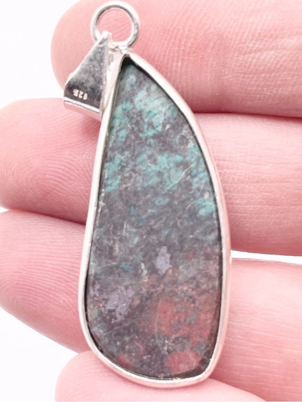 Sterling Silver Chrysocolla and Red Jasper Teardrop Pendant - Picture 3 of 8